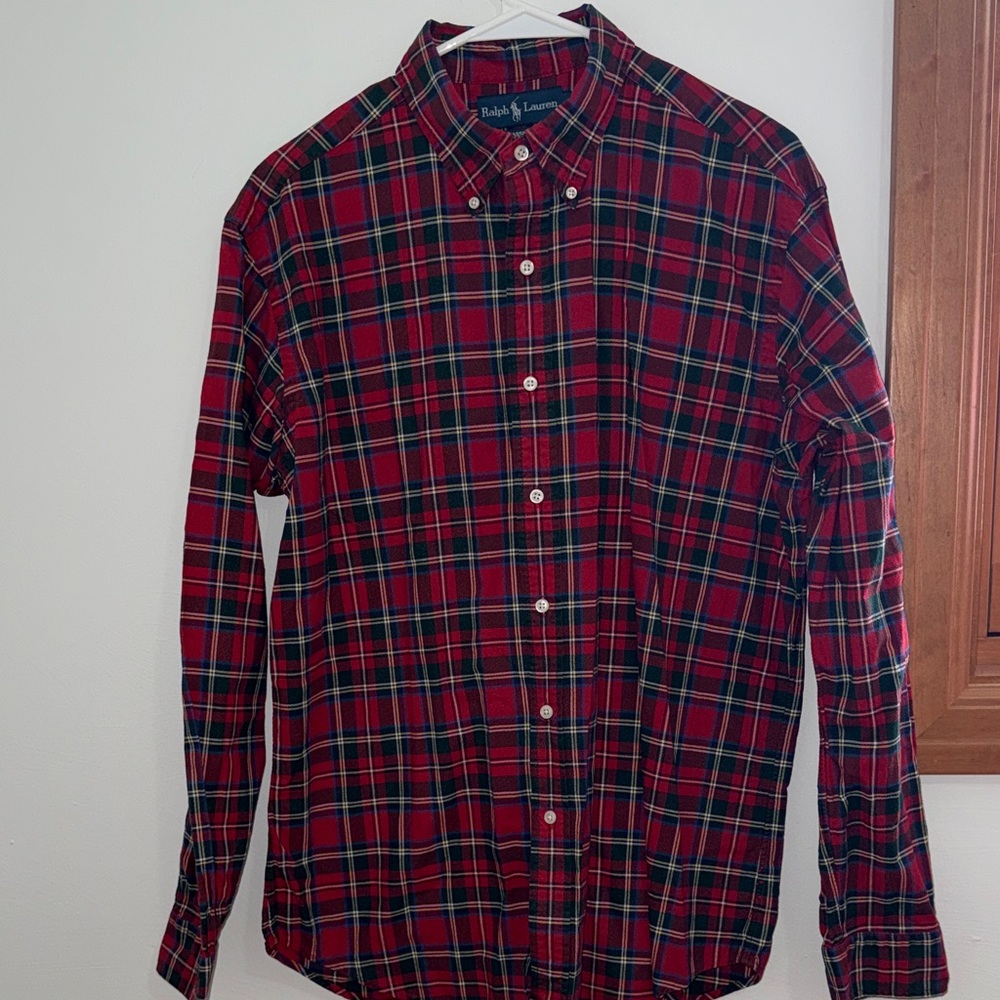Ralph Lauren Men's Red and Green Plaid Button Down Shirt